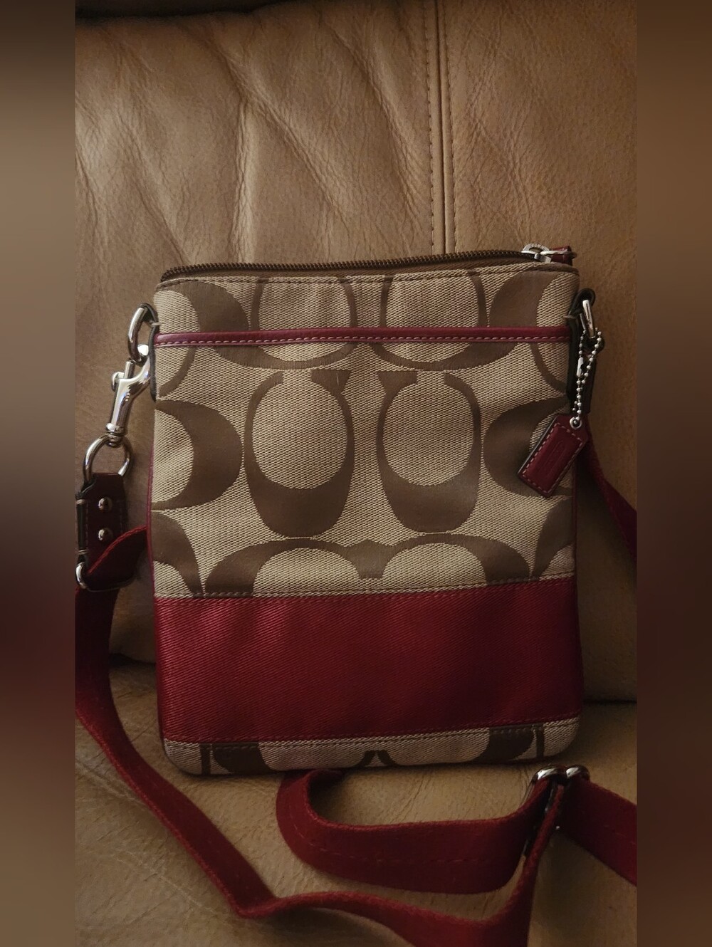 Coach Khaki Signature Stripe Swingpack with Red Trim Like New!!